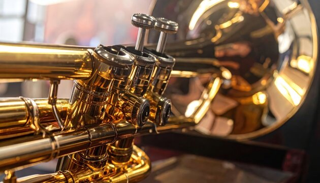 Close up of gleaming polished brass trumpet valves and tubing
