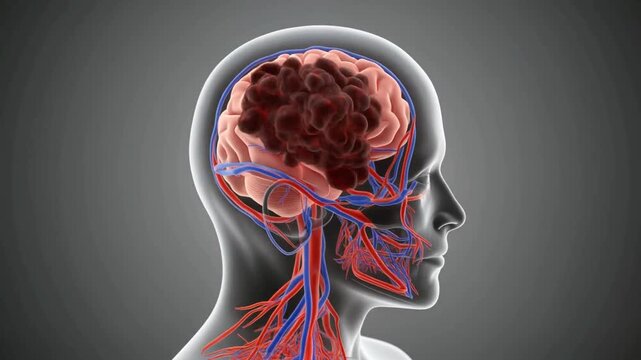 3D Medical Illustration of Human Brain Anatomy with Circulatory System and Blood Vessels in Side Profile View