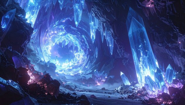 Giant crystalline structures grow in a mineral-rich cavern shimmering with inner light