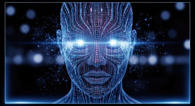 Futuristic Artificial Intelligence face with glowing eyes. Digital human technology concept, neural network, data, future.