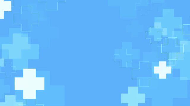 Abstract medical cross symbol pattern in light blue digital mosaic background with pixelated effect