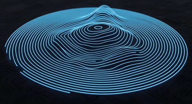 Abstract 3D Wave Function Visualization with Glowing Blue Lines on Dark Background, Data Science Concept