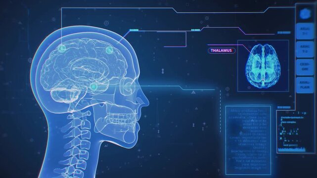 Human brain digital interface with futuristic technology and neural network in blue neon lighting