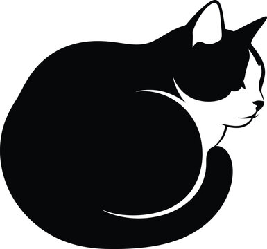 Minimalist graphic silhouette of a curled resting cat