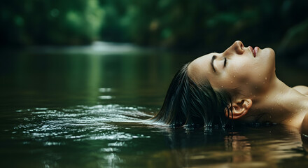 Fototapeta premium Young woman floating in serene forest lake with eyes closed | Peaceful meditation and mindfulness in nature | Tranquility and spiritual connection in wild water | Calm spa and wellness concept