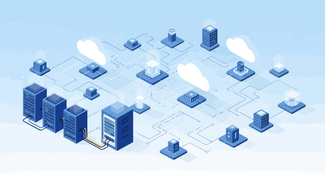 Digital network of servers and cloud computing infrastructure.
