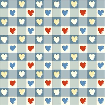 Retro emboss  hearts and quilt seamless pattern . red hearts, blue heart , light yellow and white cream hearts , emboss tile texture 