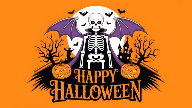 Happy halloween illustration with a skeleton vampire bat and spooky pumpkins on orange background