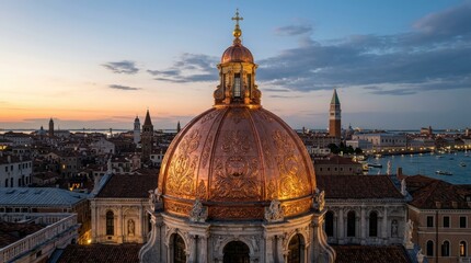 Fototapeta premium Magnificent Copper Dome of Venetian Church Against a Sunset Sky with Cityscape