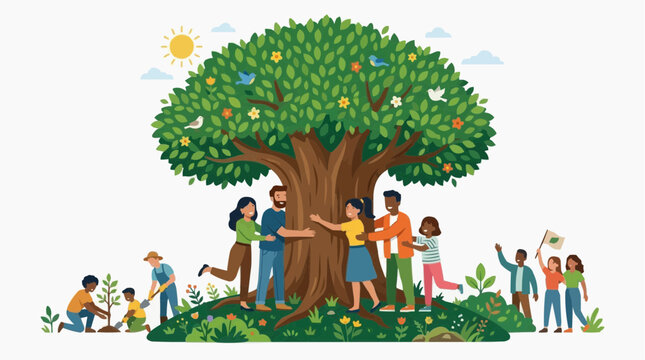 A group of diverse people celebrating life under a lush, green tree, planting saplings, and enjoying nature, symbolizing environmental awareness and community Isolated on white background