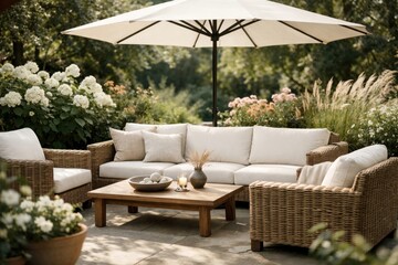Obraz premium Cozy outdoor wicker seating area.
