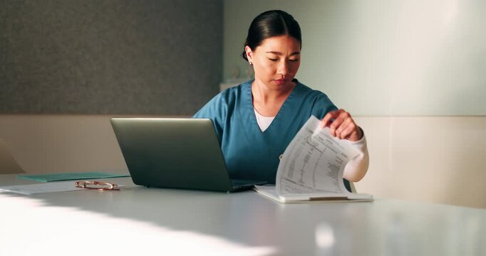 Laptop, nurse and Asian woman with document in office, hospital admin and typing surgery schedule. Medical system, operation timetable and theater resident with pc for planning, review and research