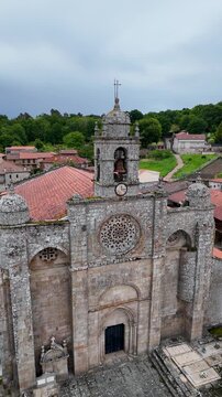Aerial view of the stone facade of the Church of Santa Marina de Augas Santas