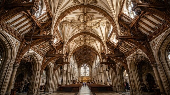 Majestic Gothic Cathedral Interior With Ornate Vaulted Ceiling And Grand Nave
