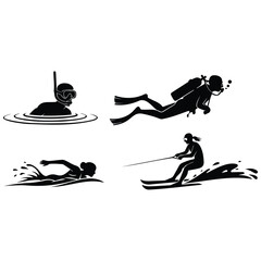 Collection of water sports activities showing scuba diving snorkeling vector silhouette. © MdBacchu
