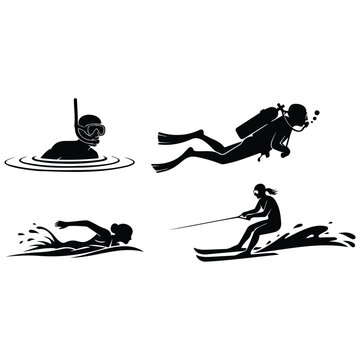 Collection of water sports activities showing scuba diving snorkeling vector silhouette.