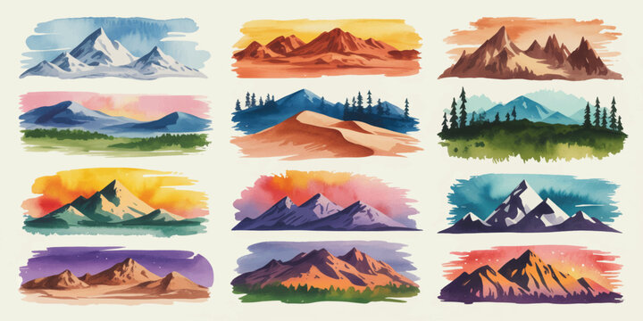 Mountain landscape vector illustration set with sea sky ocean waves sun clouds summer winter travel design banner icons