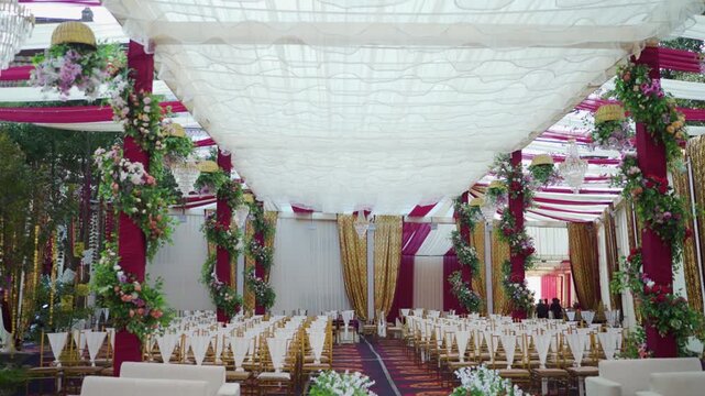 Cinematic Panning Shot of Luxury Wedding Venue Setup with Floral Decoration