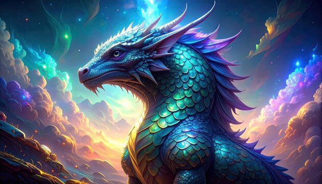 Majestic Blue and Green Dragon with Iridescent Scales in a Cosmic Sky