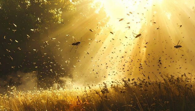 Massive swarm of gnats dancing in golden sunbeams, captured in a wide shot showcasing chaotic aerial movement through nature.