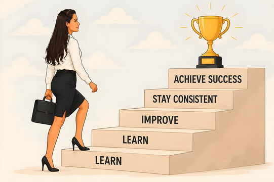 Career Growth Journey Concept &ndash; Businesswoman Climbing Success Stairs Toward Achievement and Professional Goals