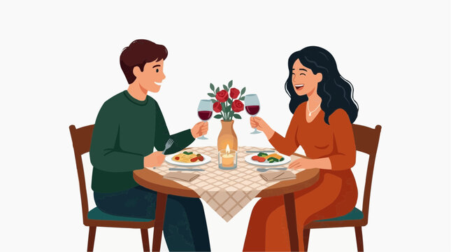 A couple enjoying a romantic dinner date, toasting with wine amidst a candlelit table setting. Isolated on white background