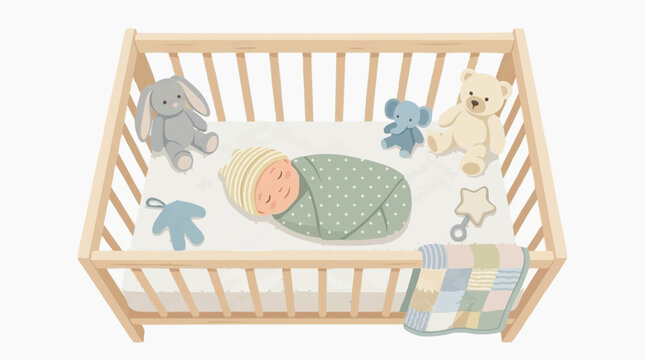 A sleeping baby nestled in a wooden crib surrounded by plush toys. The scene evokes a sense of innocence and comfort. Isolated on white background