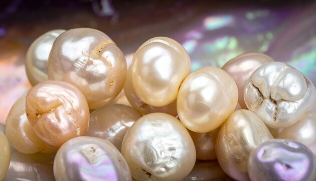 Natural, unworked pearls in a variety of creamy and silver colors, showcasing lustrous surfaces.
