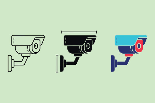 A set of three security camera displayed in outline, solid black, and colorful flat styles, representing modern surveillance technology and monitoring equipment for safety and protection