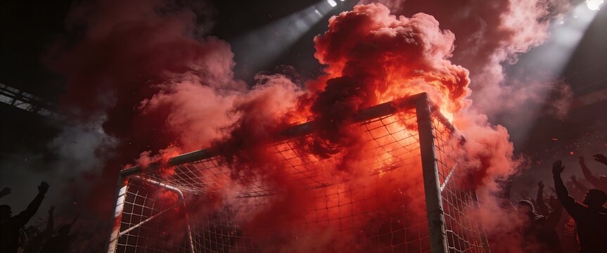 Dramatic red flare smoke filling a football stadium during an intense championship match celebration