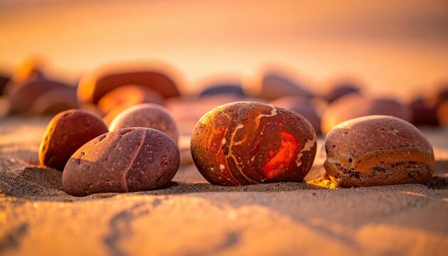 Smooth tumbled carnelian stones with warm reddish-orange gradients on sand