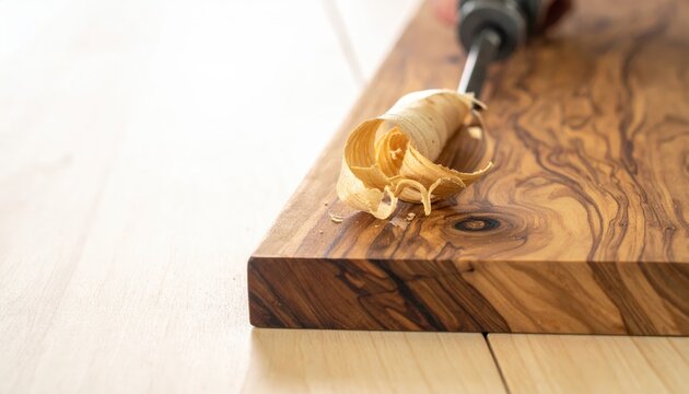 Wood shavings curl from a hand plane smoothing a wooden plank