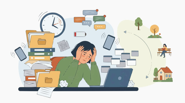 Overwhelmed woman struggling with work-life balance, juggling tasks, deadlines, and personal life, showing stress and exhaustion.
 Isolated on white background