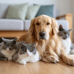 Fototapeta premium Golden retriever surrounded by three cats on living room floor