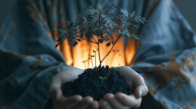 Hands Holding Glowing Young Tree with Warm Backlight