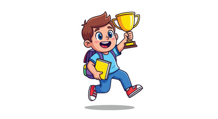 Fototapeta premium Happy Boy Running with Trophy and Books.
