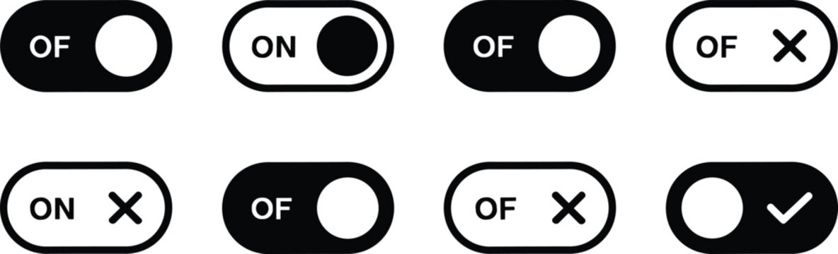 On off toggles with various symbols in black and white switch buttons
