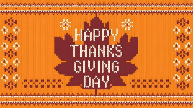 Happy thanksgiving day greeting card with knitted sweater texture and maple leaf pattern
