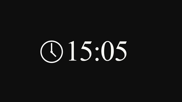 Minimalist digital clock timer counting from fifteen to sixteen minutes on black background with white sans serif font.