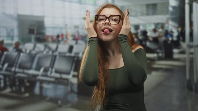 Woman pulls glasses and cups hands while sticking tongue out in busy airport terminal, redhead with long hair showing hands and face gesture; playful.