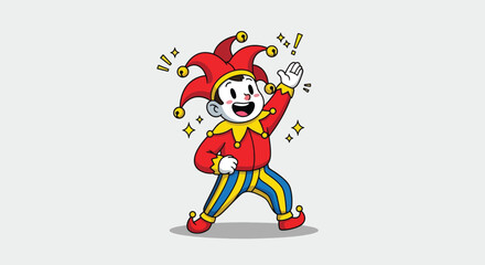 Naklejka premium Happy Jester Character Waving and Dancing.