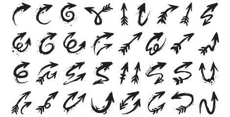 Fototapeta premium Large collection of hand drawn sketch arrows with black ink and grunge style.