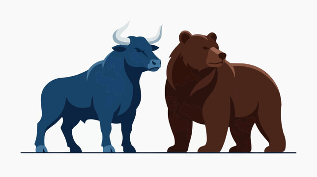 A powerful blue bull and a strong brown bear facing each other, representing the opposing forces of the stock market  Isolated on white background