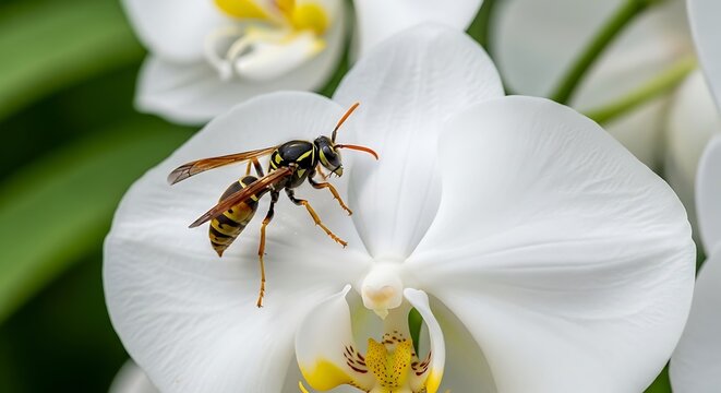A yellow jacket wasp resting on a delicate white orchid flower