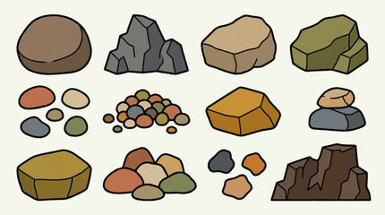 Cartoon rock set vector illustration of various stones and pebbles on a plain background. © Andreas