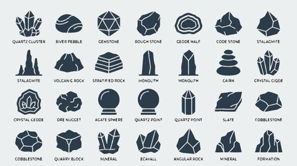 Rock icon collection vector pack features various stones and minerals in different formations and textures © Andreas
