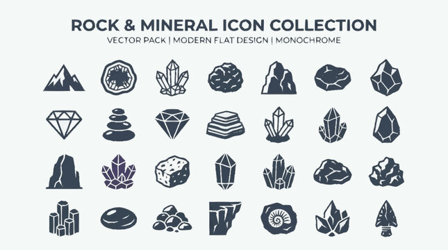 Rock and mineral icon collection in modern flat monochrome design style