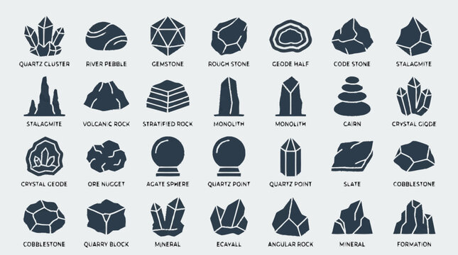 Rock icon collection vector pack features various stones and minerals in different formations and textures