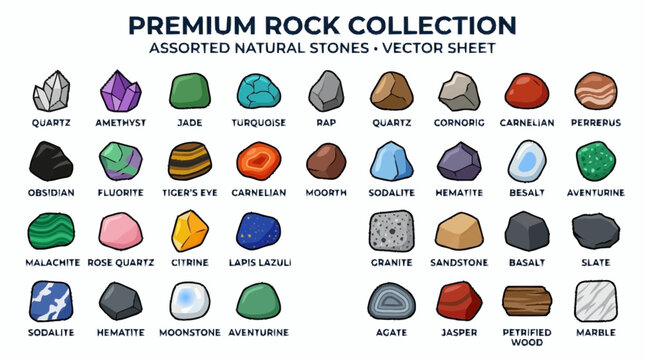 Assorted natural stones vector sheet with various rock types on display