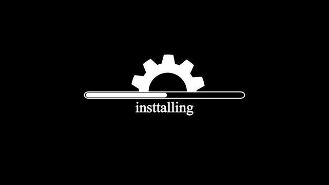 White progress bar loading animation video with rotating gear wheel for software installing and system program execution isolated on black background